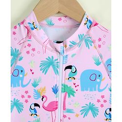 Babyhug Full Raglan Sleeves Animal Printed V Cut Swimsuit with Hairband - Pink