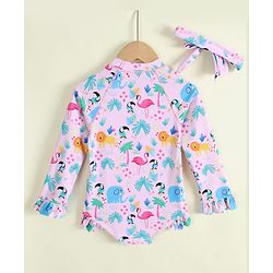 Babyhug Full Raglan Sleeves Animal Printed V Cut Swimsuit with Hairband - Pink