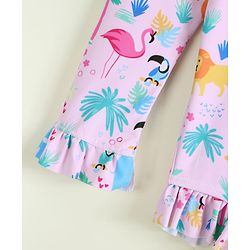 Babyhug Full Raglan Sleeves Animal Printed V Cut Swimsuit with Hairband - Pink