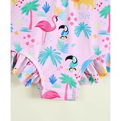 Babyhug Full Raglan Sleeves Animal Printed V Cut Swimsuit with Hairband - Pink