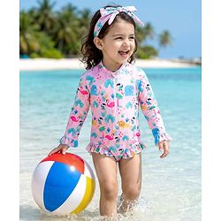 Babyhug Full Raglan Sleeves Animal Printed V Cut Swimsuit with Hairband - Pink