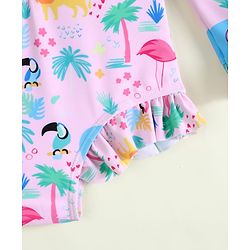 Babyhug Full Raglan Sleeves Animal Printed V Cut Swimsuit with Hairband - Pink