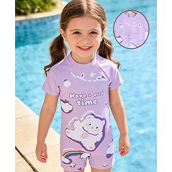 Babyhug Half Raglan Sleeves  Legged Swimsuit with Rainbow & Cloud Print - Lilac