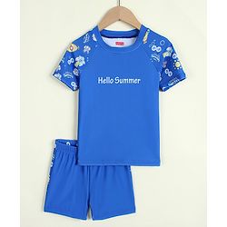 Babyhug Half Raglan Sleeves Sea Life Theme & Text Printed Two Piece Swimsuit - Blue
