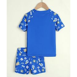 Babyhug Half Raglan Sleeves Sea Life Theme & Text Printed Two Piece Swimsuit - Blue