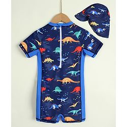 Babyhug Raglan Half Sleeves Dino Printed Legged Swimsuit -Navy Blue