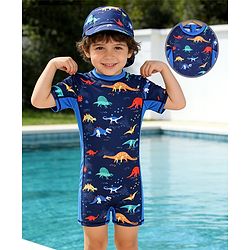 Babyhug Raglan Half Sleeves Dino Printed Legged Swimsuit -Navy Blue