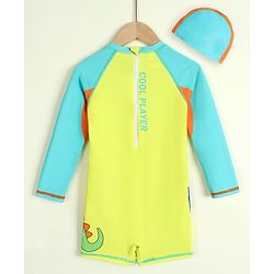 Babyhug Full Raglan Sleeves Dino Printed Legged Swimsuit - Yellow & Sea Green
