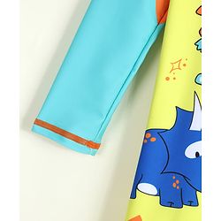 Babyhug Full Raglan Sleeves Dino Printed Legged Swimsuit - Yellow & Sea Green