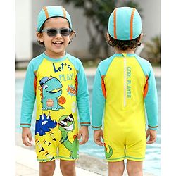 Babyhug Full Raglan Sleeves Dino Printed Legged Swimsuit - Yellow & Sea Green
