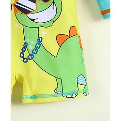 Babyhug Full Raglan Sleeves Dino Printed Legged Swimsuit - Yellow & Sea Green