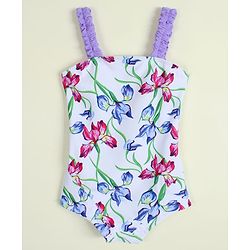Babyhug Sleeveless V Cut Swimsuit with Floral Print - Light Blue & Purple