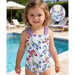 Babyhug Sleeveless V Cut Swimsuit with Floral Print - Light Blue & Purple
