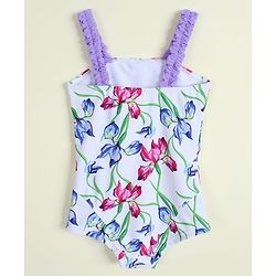 Babyhug Sleeveless V Cut Swimsuit with Floral Print - Light Blue & Purple