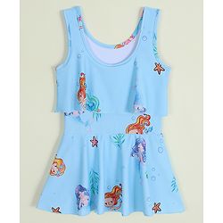 Babyhug Sleeveless Mermaid Printed Frock Swimsuit - Light Blue