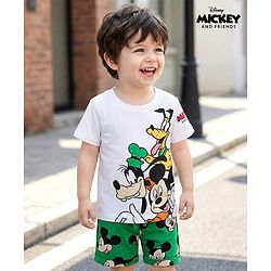 Babyhug Disney Single Jersey Knit Half Sleeves T-Shirt & Shorts Set with Mickey & Friends Graphic - Green & White