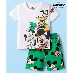 Babyhug Disney Single Jersey Knit Half Sleeves T-Shirt & Shorts Set with Mickey & Friends Graphic - Green & White
