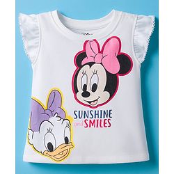 Babyhug Disney Single Jersey Knit Half Frill Sleeves T-Shirt & Shorts Set With Minnie & Friends Graphics - White & Green