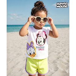 Babyhug Disney Single Jersey Knit Half Frill Sleeves T-Shirt & Shorts Set With Minnie & Friends Graphics - White & Green