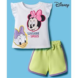 Babyhug Disney Single Jersey Knit Half Frill Sleeves T-Shirt & Shorts Set With Minnie & Friends Graphics - White & Green