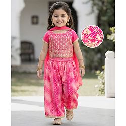 Babyhug Woven Half Sleeves Printed & Embroidered Indo Western Set with Dupatta - Pink