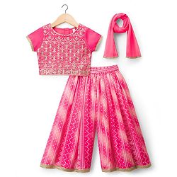 Babyhug Woven Half Sleeves Printed & Embroidered Indo Western Set with Dupatta - Pink