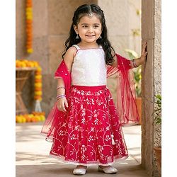 Babyhug Woven Sleeveless Choli Lehenga Set with Dupatta & Sequin Detailing - Dark Pink