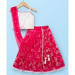 Babyhug Woven Sleeveless Choli Lehenga Set with Dupatta & Sequin Detailing - Dark Pink