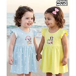 Babyhug Disney Frill Sleeves Frocks With Minnie & Friends Print Pack Of 2 - Light Blue & Lime Green