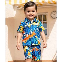 Babyhug Cotton Knit Half Sleeves Tropical Theme Printed Co-ords Shirt & Shorts Set - Navy Blue