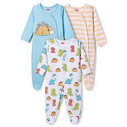 Babyhug Cotton Knit Full Sleeves Footed Sleepsuits With Dino Print Pack Of 3 - Light Blue White & Orange