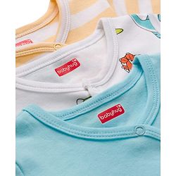 Babyhug Cotton Knit Full Sleeves Footed Sleepsuits With Dino Print Pack Of 3 - Light Blue White & Orange