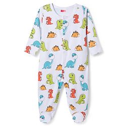 Babyhug Cotton Knit Full Sleeves Footed Sleepsuits With Dino Print Pack Of 3 - Light Blue White & Orange