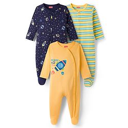 Babyhug Cotton Knit Full Sleeves Front Open Space Theme Printed & Striped Footed Sleep Suits Pack of 3 - Multi Colour