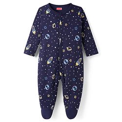 Babyhug Cotton Knit Full Sleeves Front Open Space Theme Printed & Striped Footed Sleep Suits Pack of 3 - Multi Colour