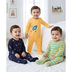 Babyhug Cotton Knit Full Sleeves Front Open Space Theme Printed & Striped Footed Sleep Suits Pack of 3 - Multi Colour