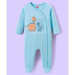 Babyhug Cotton Knit Full Sleeves Footed Sleepsuits With Dino Print Pack Of 3 - Light Blue Black & White