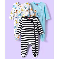 Babyhug Cotton Knit Full Sleeves Footed Sleepsuits With Dino Print Pack Of 3 - Light Blue Black & White