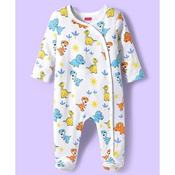 Babyhug Cotton Knit Full Sleeves Footed Sleepsuits With Dino Print Pack Of 3 - Light Blue Black & White