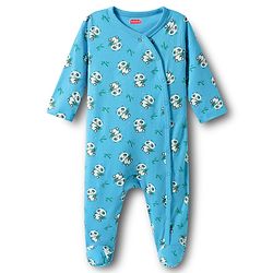 Babyhug Cotton Knit Full Sleeves Footed Sleepsuits With Panda Print Pack Of 3 - Limegreen Light Blue & Aqua