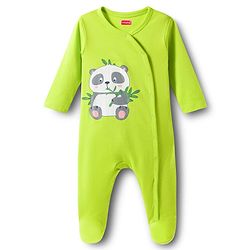 Babyhug Cotton Knit Full Sleeves Footed Sleepsuits With Panda Print Pack Of 3 - Limegreen Light Blue & Aqua