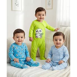 Babyhug Cotton Knit Full Sleeves Footed Sleepsuits With Panda Print Pack Of 3 - Limegreen Light Blue & Aqua