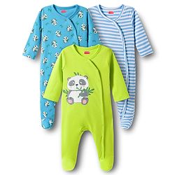 Babyhug Cotton Knit Full Sleeves Footed Sleepsuits With Panda Print Pack Of 3 - Limegreen Light Blue & Aqua