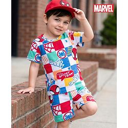 Babyhug Marvel Single Jersey Knit Half Sleeves Co-ords T-Shirt & Shorts Set with Spiderman Graphic - Multicolor