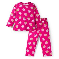 Babyhug Cotton Knit Full Sleeves Co-ord Night Suit With Floral & Strawberry Print - Dark Pink