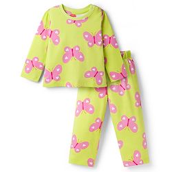 Babyhug Cotton Knit Full Sleeves Co-ord Night Suit With Butterfly Print - Light Green