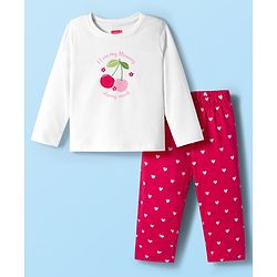 Babyhug Cotton Knit Full Sleeves Night Suit With Cherry & Heart Print - White & Red