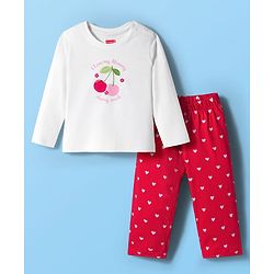 Babyhug Cotton Knit Full Sleeves Night Suit With Cherry & Heart Print - White & Red