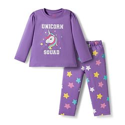 Babyhug Cotton Knit Full Sleeves Night Suit With Unicorn & Star Print - Purple