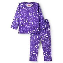 Babyhug Cotton Knit Full Sleeves Co-ord Night Suit With Sports Print - Purple